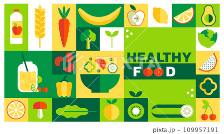 Food healthy farm, geometric forms, vegan restaurant menu cover or poster. Organic bio foods, eco modern nature, avocado, peppers and cucumber, square and rectangle elements. Vector minimal brochure 109957191