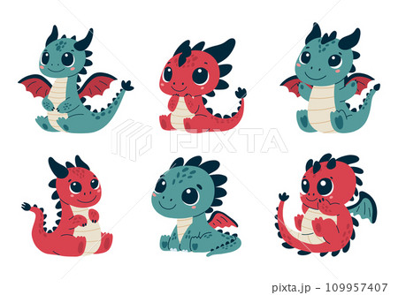 Cute Dragons Collection. Set of colorful magical cute dragons. 109957407