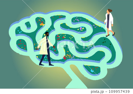 Cartoon diverse doctors walking inside human brain. 2d illustration 109957439