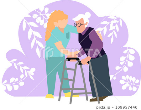Cartoon black female nurse helping old woman. 2d illustration 109957440