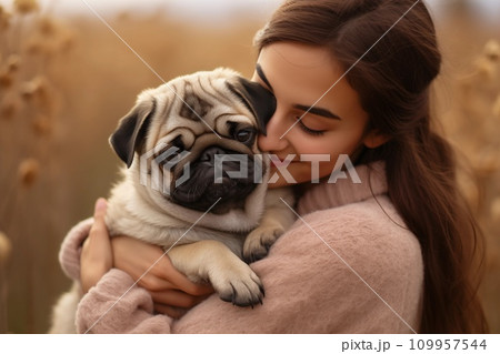 A woman's tender embrace of a pug, symbolizing companionship. Suitable for pet-related content. AI Generated A woman's tender embrace of a pug, symbolizing companionship. Suitable for pet-related content. AI Generated 109957544