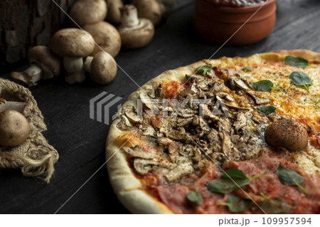 Italian Pizza Four Seasons (Pizza Quattro Stagioni) with different ingredients on the wooden table in the kitchen Italian Pizza Four Seasons (Pizza Quattro Stagioni) with different ingredients on the wooden table in the kitchen 109957594