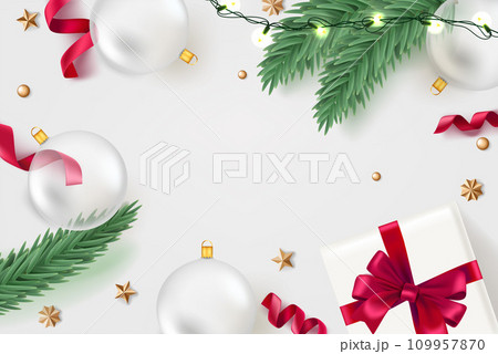 Christmas flat lay background with copy space. 3d vector illustration Christmas flat lay background with copy space. 3d vector illustration 109957870