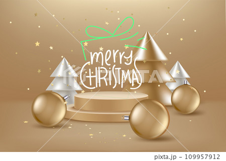 Christmas greeting card with pines, baubles and lettering inscription. 3d vector illustration Christmas greeting card with pines, baubles and lettering inscription. 3d vector illustration 109957912