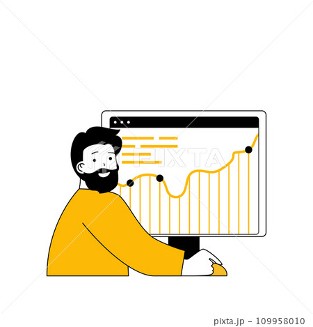 Digital business concept with cartoon people in flat design for web. Man making financial analysis and working with chart at computer. Vector illustration for social media banner, marketing material. 109958010