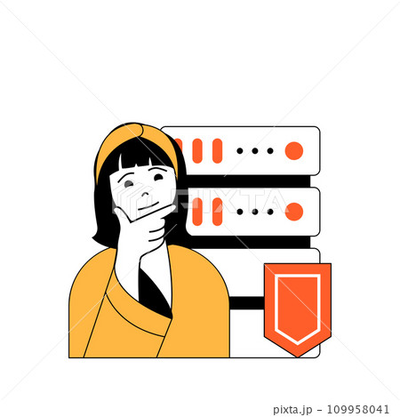 Cyber security concept with cartoon people in flat design for web. Woman using shield protection system for server database safety. Vector illustration for social media banner, marketing material. 109958041