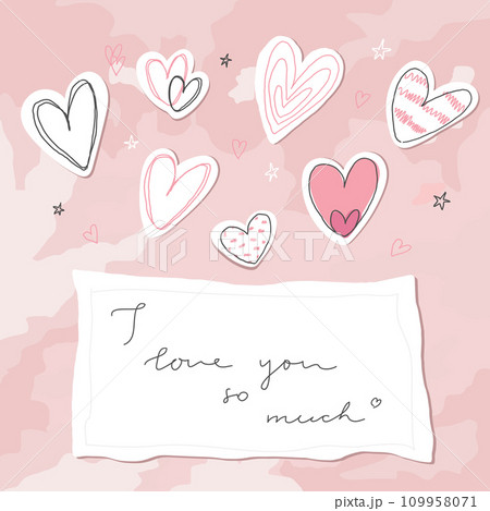 Valentines Day card with doodle paper hearts and love note on a textured background. Vector illustration 109958071