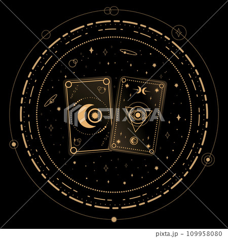 Divination Tarot cards on black background. Fortune telling. Tarot symbolism. Mystery, astrology, esoteric. Vector illustration Divination Tarot cards on black background. Fortune telling. Tarot symbolism. Mystery, astrology, esoteric. Vector illustration 109958080