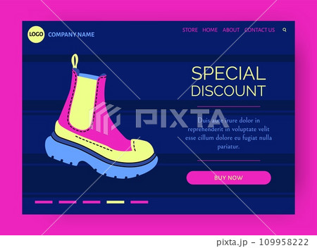 Shoes discount landing page. Store special offer. Trendy boots. Footwear sale. Stylish clothing merchandise. Fashionable accessory. Shopping web promotion. Website design template. Vector background 109958222