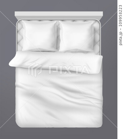 Bed top view. Fluffy pillow and blanket. White cotton linen. 3D bedding. Sleep comfort. Bedroom relaxation. Comfortable textile. Hypoallergenic duvet and soft cushions. Vector realistic home furniture Bed top view. Fluffy pillow and blanket. White cotton linen. 3D bedding. Sleep comfort. Bedroom relaxation. Comfortable textile. Hypoallergenic duvet and soft cushions. Vector realistic home furniture 109958223