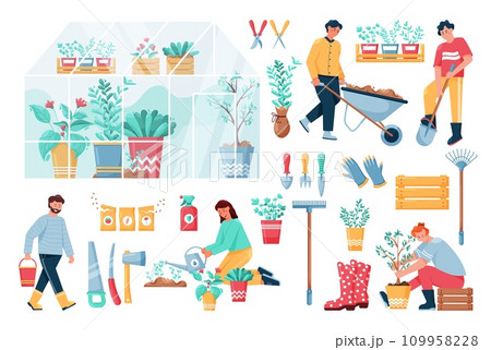 Garden work. Gardening equipment. Agriculture workers. Woman planting trees and watering seeds. Man digging grounds. Flowers cultivation in greenhouse. Seedlings in pots. Vector farming elements set Garden work. Gardening equipment. Agriculture workers. Woman planting trees and watering seeds. Man digging grounds. Flowers cultivation in greenhouse. Seedlings in pots. Vector farming elements set 109958228