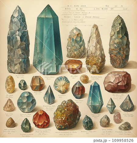 Antique retro book of minerals and gems, geology identification book, drawing engraving style Antique retro book of minerals and gems, geology identification book, drawing engraving style 109958526
