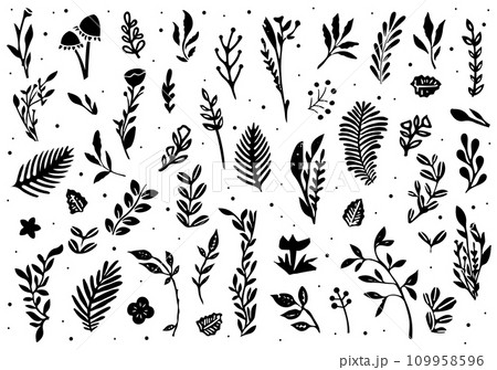 Floral Elements. Hand sketched vector vintage elements. Linocut style 109958596