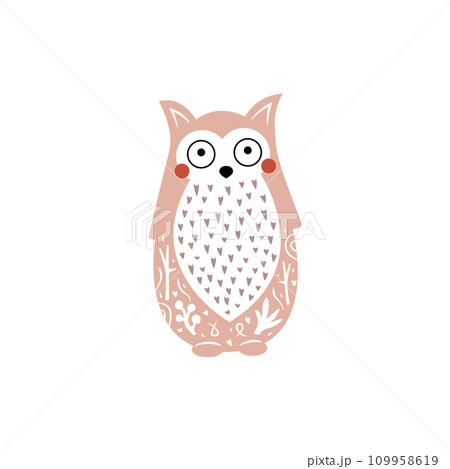 Cute owl vector illustration with white floral elements. Owl isolated vector illustration in linocut style. Vintage stamp design for print. 109958619