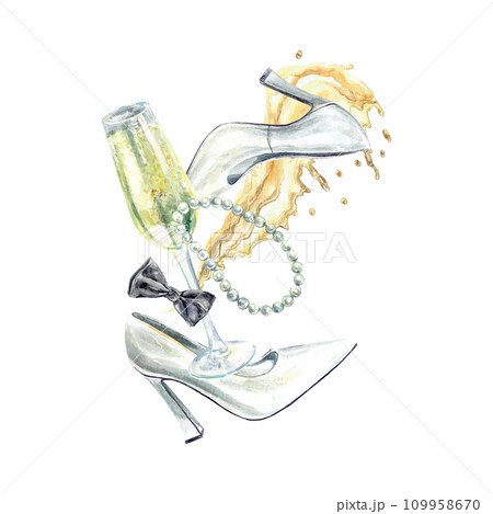 Champagne, splashes, glass, brides shoe. Watercolor illustration on a wedding theme. Wedding invitations, cards, covers, banners, posters, flyers. 109958670