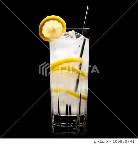 Refreshing classic Tom Collins or Whiskey sour cocktail with a maraschino cherry and lemon slice on black background 109958741