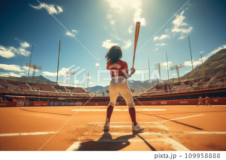 Black Female Athlete Smashing a Home Run 109958888