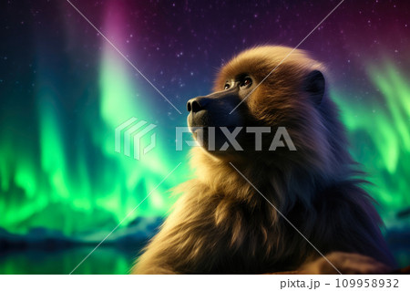 Nocturnal Majesty: Baboon Beneath the Northern Lights 109958932