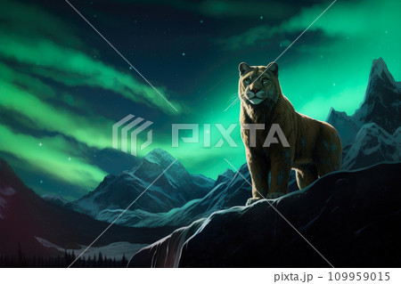 Celestial Predator: Mountain Lion Roaming under the Aurora Celestial Predator: Mountain Lion Roaming under the Aurora 109959015