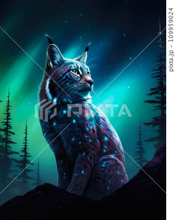 Arctic Majesty: Bobcat Prowling in Aurora Brilliance Arctic Majesty: Bobcat Prowling in Aurora Brilliance 109959024