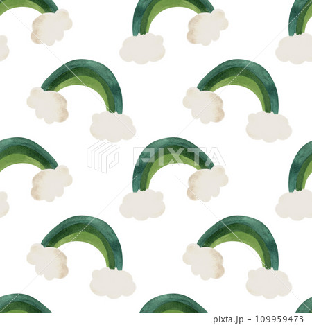 Seamless pattern with symbols of Ireland. Wrapping paper for St. Patrick's Day. Watercolor in vintage style on a white background. 109959473