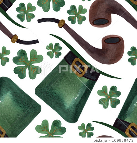 Seamless pattern with symbols of Ireland. Wrapping paper for St. Patrick's Day. Watercolor in vintage style on a white background. 109959475
