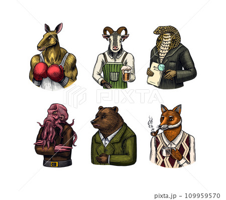 Grizzly Bear, Octopus, t-rex dinosaur, Elephant, Indian cobra snake, Fox with a smoking pipe, lion 109959570