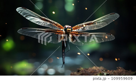 AI-generated content. A dragonfly with orange and black wings flying in the air, AI 109959609