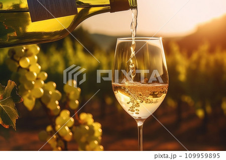 Pouring white wine into glass on vineyard background at sunset. Generative AI 109959895