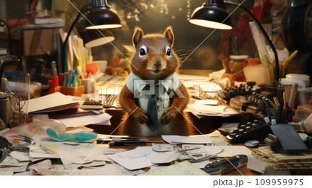 AI-generated content. A squirrel in a tie sitting at his desk with papers and pens, AI 109959975