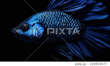 AI-generated content. A blue fish with a black background and dark water, AI 109959977