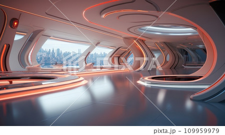 AI-generated content. A futuristic looking room with a large screen and some lights, AI 109959979
