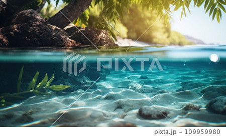 AI-generated content. A view of a beach with rocks and trees under water, AI 109959980