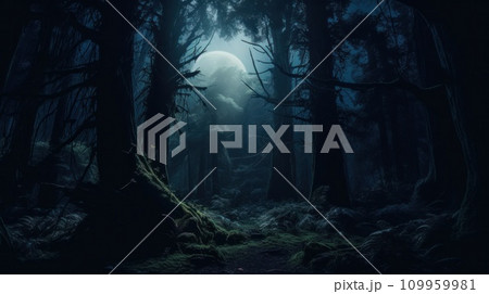 AI-generated content. A dark forest with a full moon shining in the sky, AI 109959981