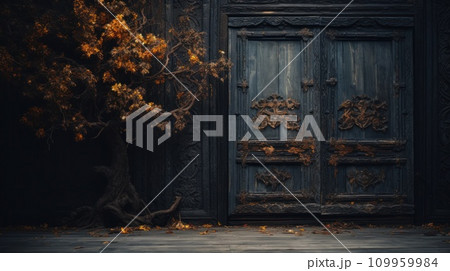 AI-generated content. A large wooden door with a tree in front of it, AI 109959984
