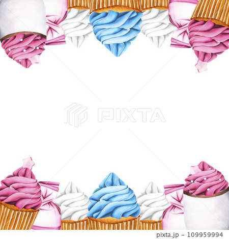 Frame. Sweet dessert ice creams, cupcake with pink berry cream and popsicle. Hot drink cup with whipped cream. Christmas marshmallow snow man. Watercolor illustration for Valentine's Day, or birthday Frame. Sweet dessert ice creams, cupcake with pink berry cream and popsicle. Hot drink cup with whipped cream. Christmas marshmallow snow man. Watercolor illustration for Valentine's Day, or birthday 109959994