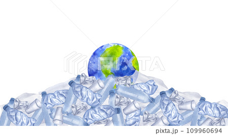 Planet Earth on pile of plastic garbage trash. Great Pacific Garbage Patch. Disposable blue transparent bottles and cups. Hand-drawn watercolor illustration isolated background. 109960694