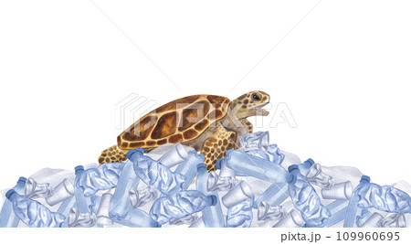 Sea turtle on pile of plastic garbage trash. Great Pacific Garbage Patch. Disposable blue transparent bottles and cups. Hand-drawn watercolor illustration isolated background. Sea turtle on pile of plastic garbage trash. Great Pacific Garbage Patch. Disposable blue transparent bottles and cups. Hand-drawn watercolor illustration isolated background. 109960695