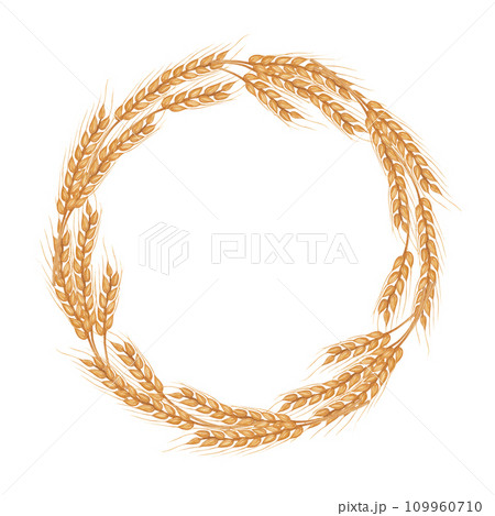 Round frame wreath wheat oats rye spike spikelets, cereal product. Agricultural botanical clipart. Hand drawn watercolor illustration isolated background. For Thanksgiving, Harvest Day, bakery. 109960710