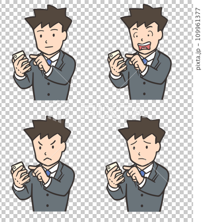 A man in a suit operating a smartphone, surprised face, angry face 109961377