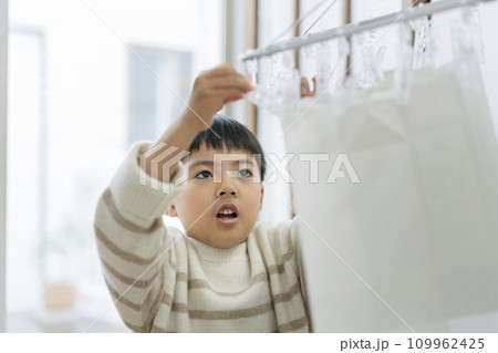 牛乳パックのリサイクル 洗った紙パックを乾かす男の子 牛乳パックのリサイクル 洗った紙パックを乾かす男の子 109962425