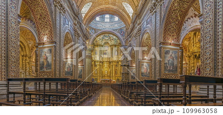 Quito La Compania church panoramic view of the central nave Quito La Compania church panoramic view of the central nave 109963058
