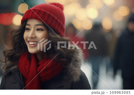 AI-generated content. Young Asian woman winter outdoor portrait. Street lifestyle, city life 109963085