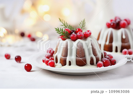 AI-generated content. Christmas pudding with glazed cranberries and white icing on festive table setting 109963086