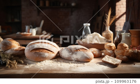 a bread production line in a factory, showing freshly baked bread rolls on a conveyor belt, with other machinery and equipment in the background.Background AI generated a bread production line in a factory, showing freshly baked bread rolls on a conveyor belt, with other machinery and equipment in the background.Background AI generated 109963176