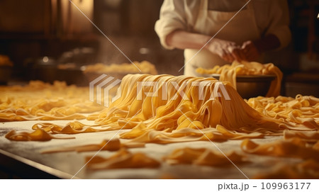 a bread production line in a factory, showing freshly baked bread rolls on a conveyor belt, with other machinery and equipment in the background.Background AI generated a bread production line in a factory, showing freshly baked bread rolls on a conveyor belt, with other machinery and equipment in the background.Background AI generated 109963177