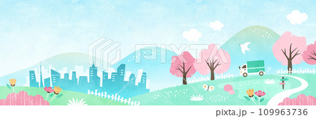 春の引っ越し・新生活のバナー背景 街へ向かうトラックと桜の咲く風景 109963736