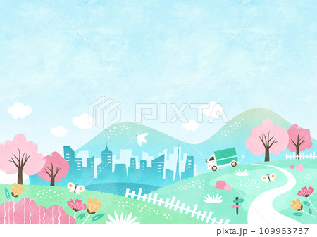 春の引っ越し・新生活の背景イラスト 街へ向かうトラックと桜の咲く風景 109963737