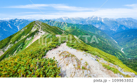 夏の爺ヶ岳登山（爺ヶ岳中峰頂上から南峰・立山・剱岳方面の眺め） 109963802