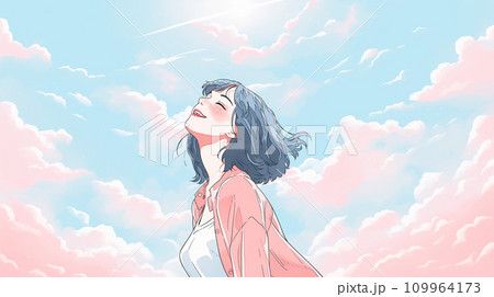 笑顔で空を見上げる女性のイラスト　AI生成画像 109964173